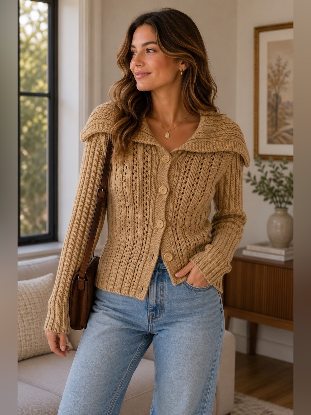 American Eagle Outfitters Vintage Y2K Tan Knit Cardigan Size M Knit Retro